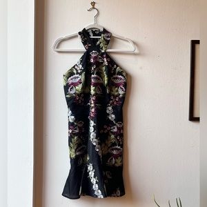 Hutch Embroidered Dress Halter Flare Ruffle Hem Cocktail